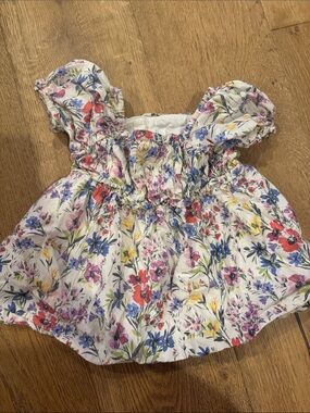 GAP White Floral Smocked Baby Dress with Puff Sleeves
